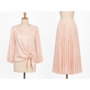 Vintage David Rose Women's 16.5 Blush Pink Jacquard Tie Top Pleated Skirt Set...